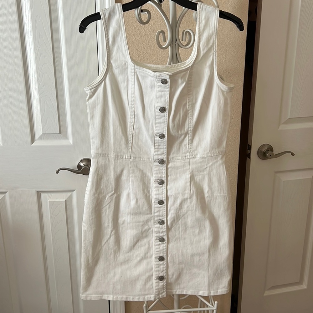 White jean button front dress with pockets